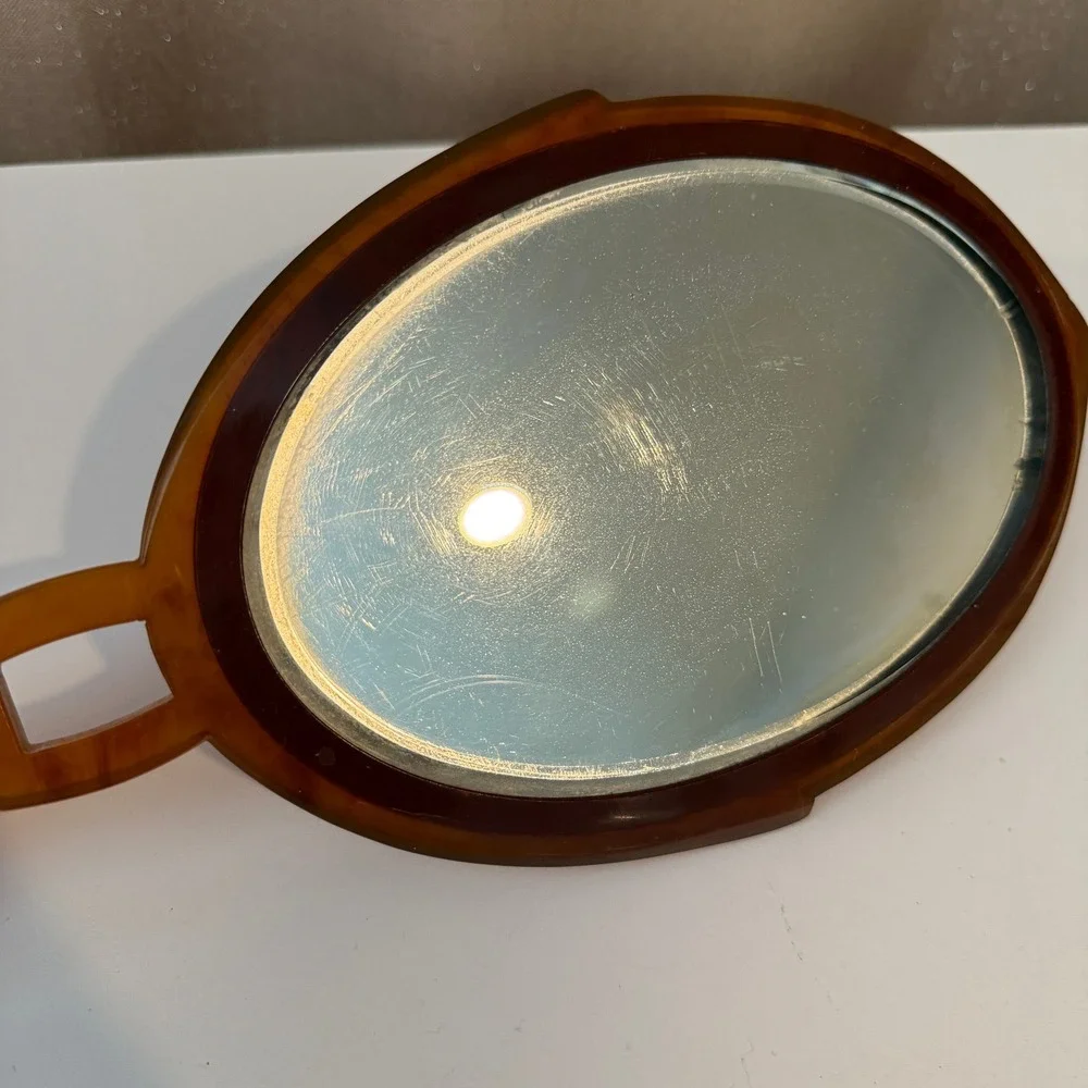 Vintage Faux Tortoiseshell Hand Mirror Oval Beveled Glass Art Deco Amber 14.5